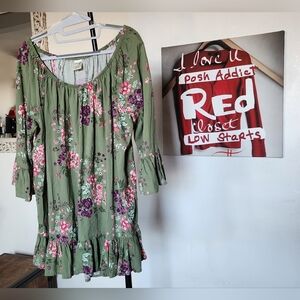NWOT Floral Baby Doll Flounce Tunic Green Size 1X